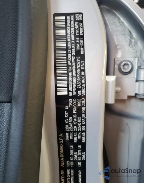 2022 Alfa Romeo Stelvio Ti from USA, damaged, VIN ZASPAKBN2N7D32110